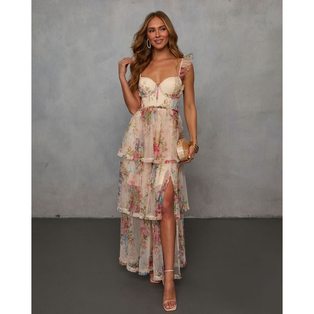 VICI Floral Tiered Maxi Dress Corset Bust Ruffle Strap XL